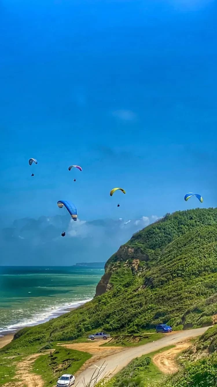 Paragliders flying together in the sky